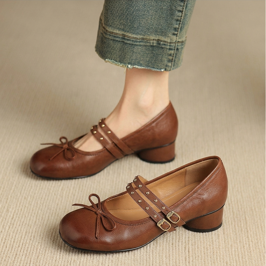 Alba Genuine Leather Studded Mary Jane Pumps