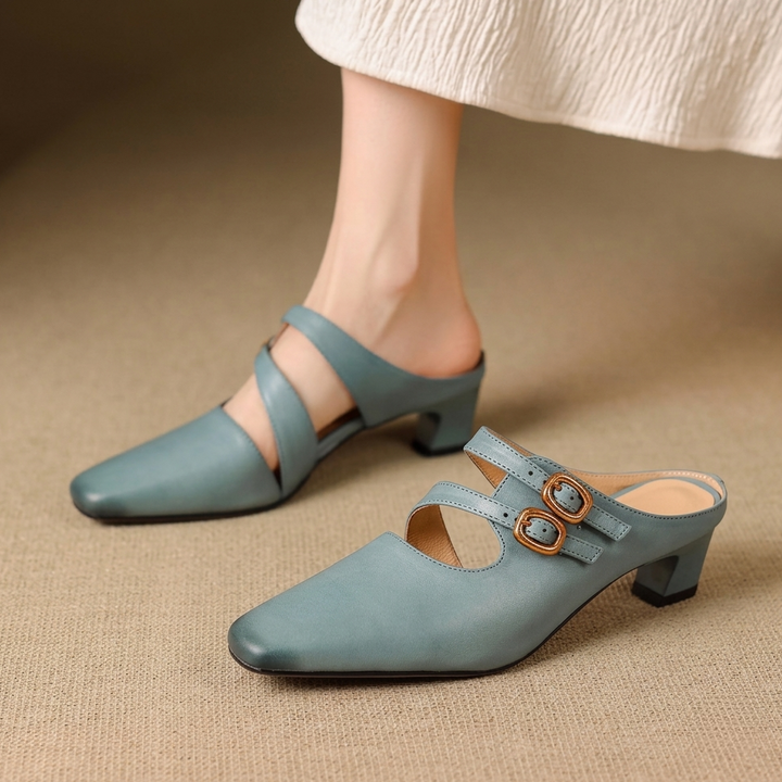 Adele Genuine Leather Dual-Strap Mules