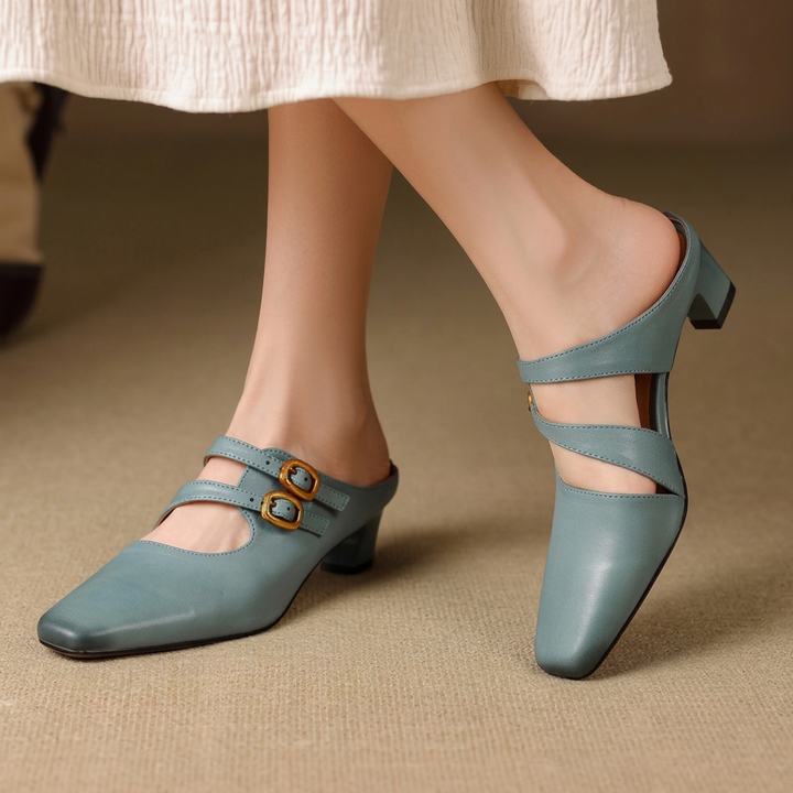 Adele Genuine Leather Dual-Strap Mules