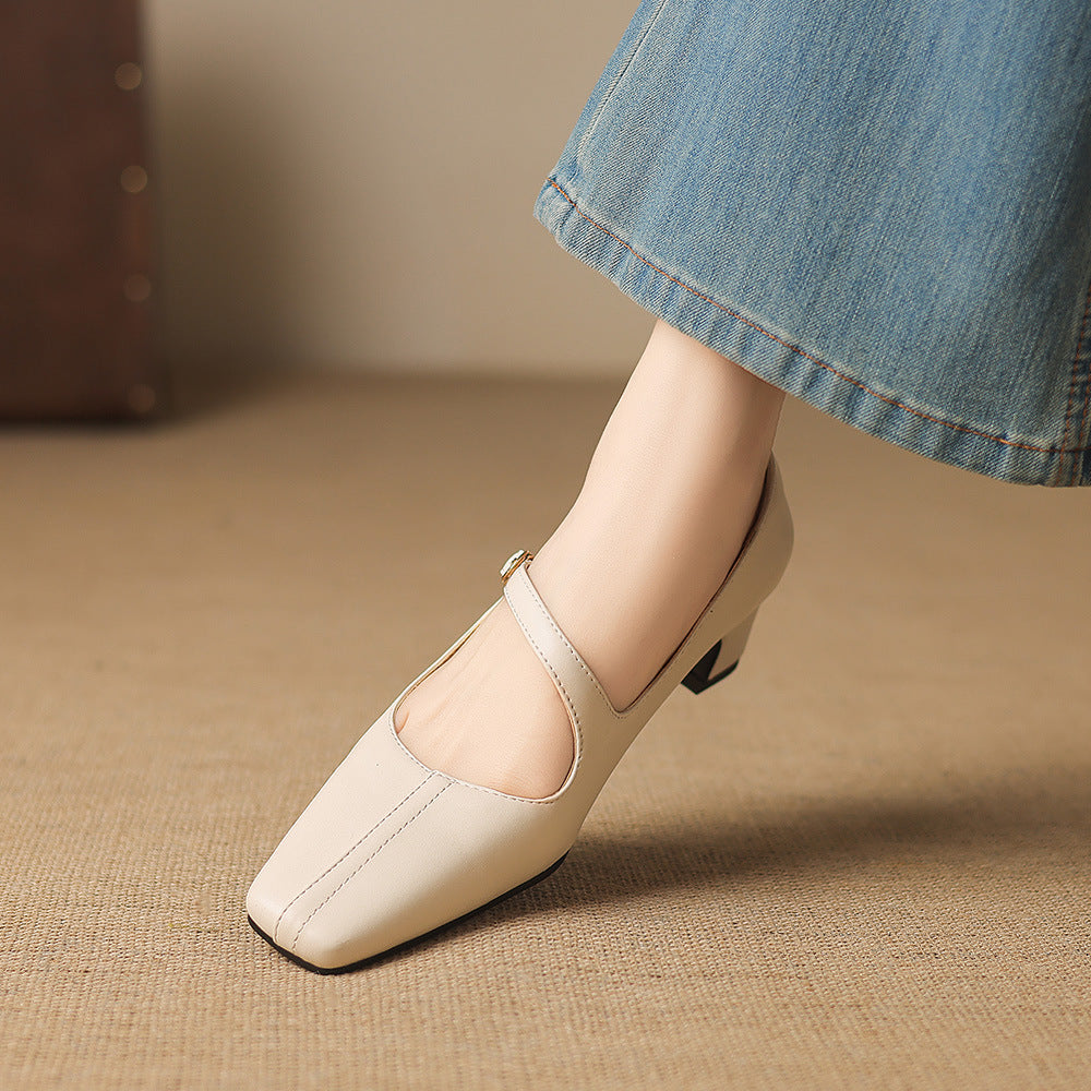 Celes Square Toe Leather Mary Jane Pumps