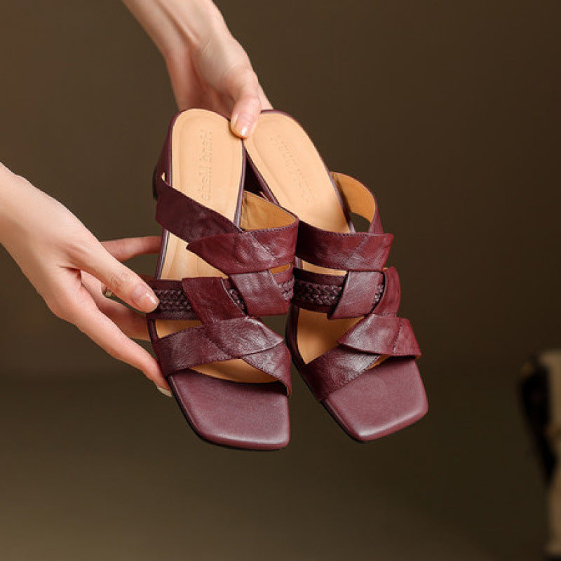 Solae Genuine Leather Square-Toe Slide Sandals