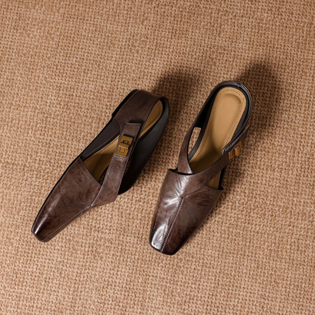 Rea Genuine Leather Square-Toe Mule Pumps