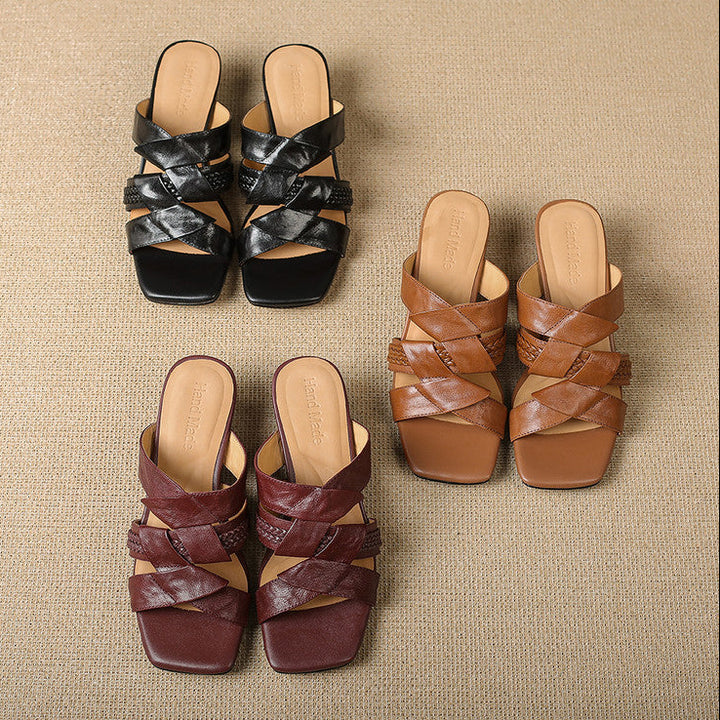 Solae Genuine Leather Square-Toe Slide Sandals