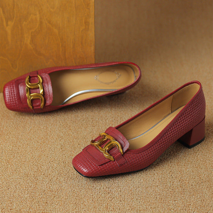 Soho Genuine Leather Block Heel Pumps