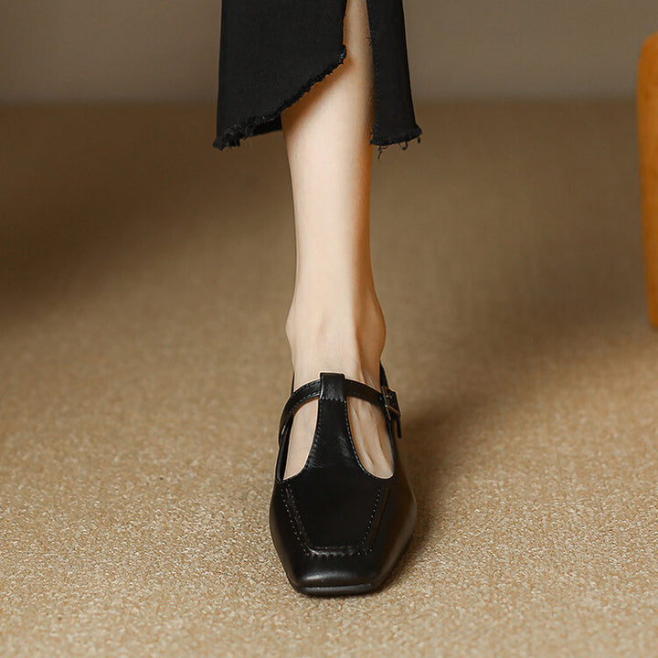 Velora Genuine Leather Square-Toe Mary Jane Pumps