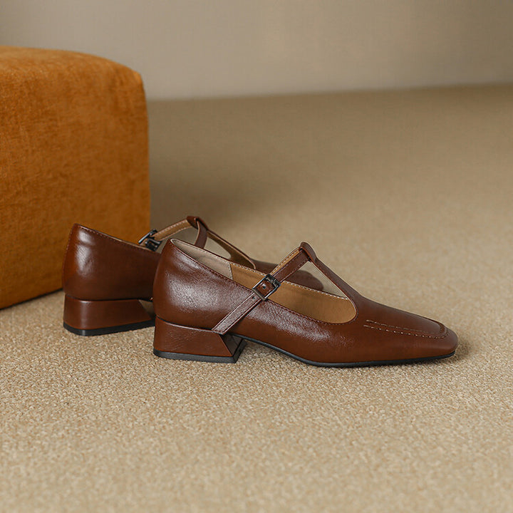 Velora Genuine Leather Square-Toe Mary Jane Pumps