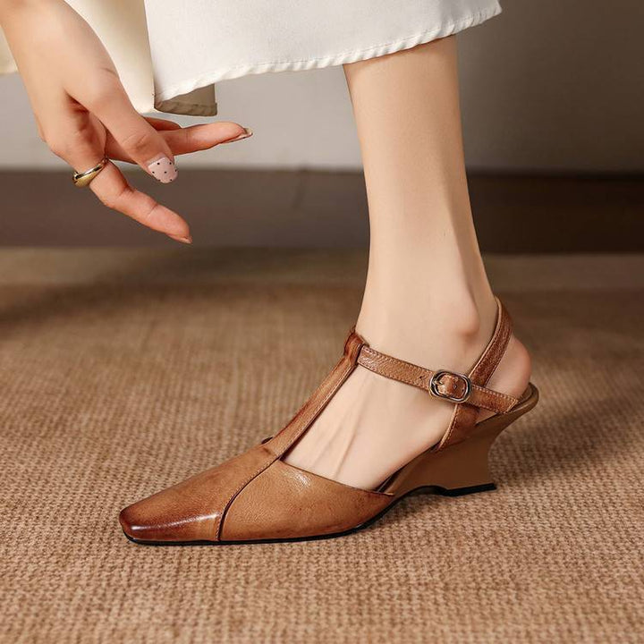 Elain Genuine Leather T-Strap Slingback Heels