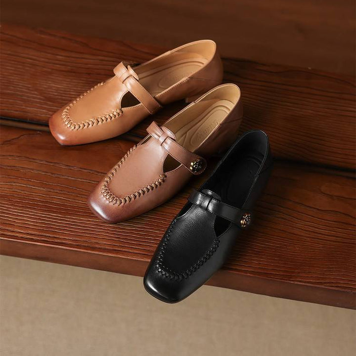 Krea Genuine Leather Whipstitch T-Strap Pumps