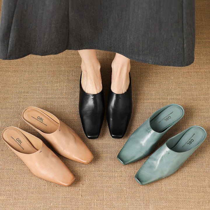 Noelle Genuine Leather Square-Toe Mules