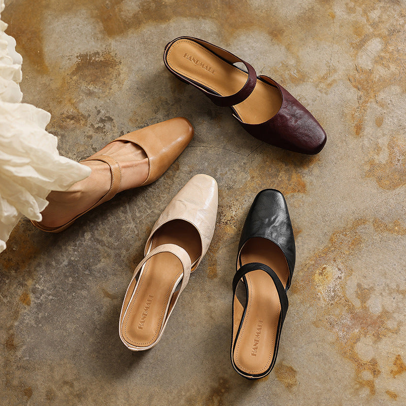 Cavie Genuine Leather Square-Toe Mules