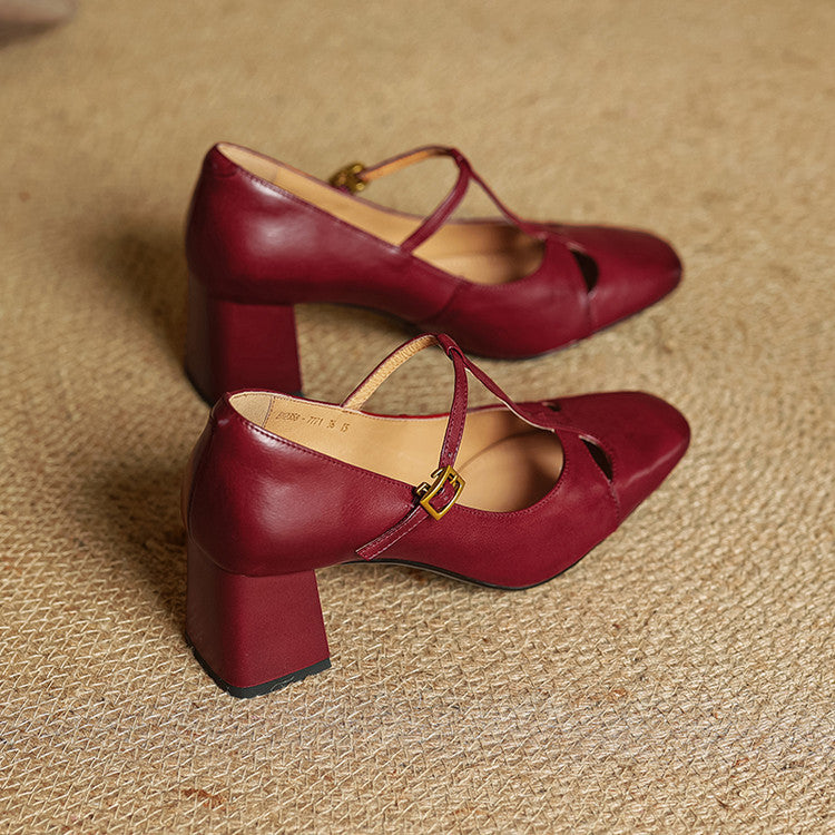 Yuna Genuine Leather T-Strap Mary-Jane Heels