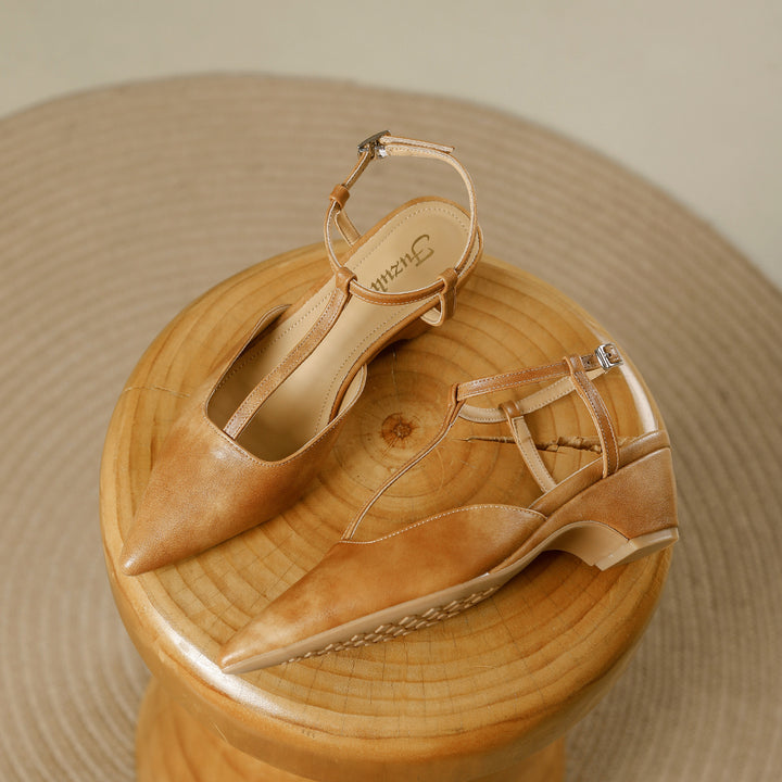 Nelsy Premium Leather T-Strap Slingback Heels