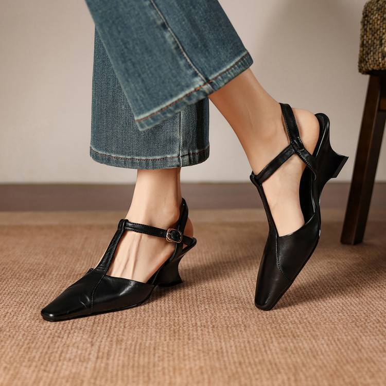 Elain Genuine Leather T-Strap Slingback Heels