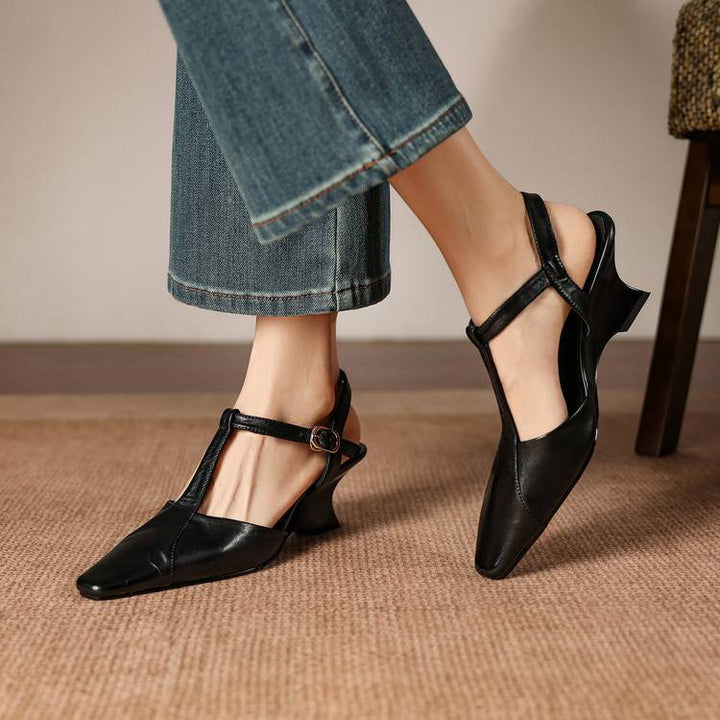 Elain Genuine Leather T-Strap Slingback Heels