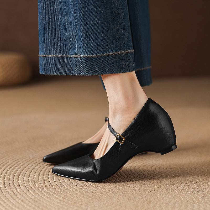 Evie Genuine Leather Pointed Toe Mary Jane Pumps