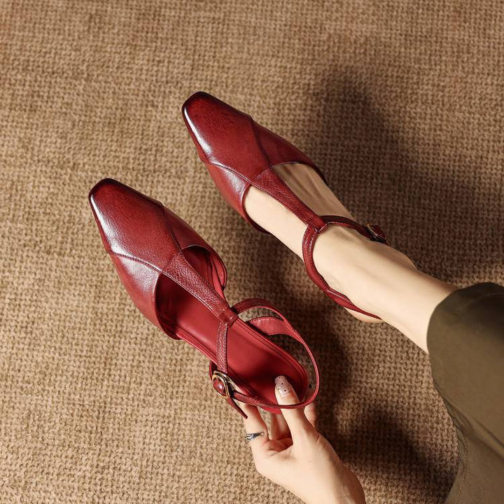 Elain Genuine Leather T-Strap Slingback Heels