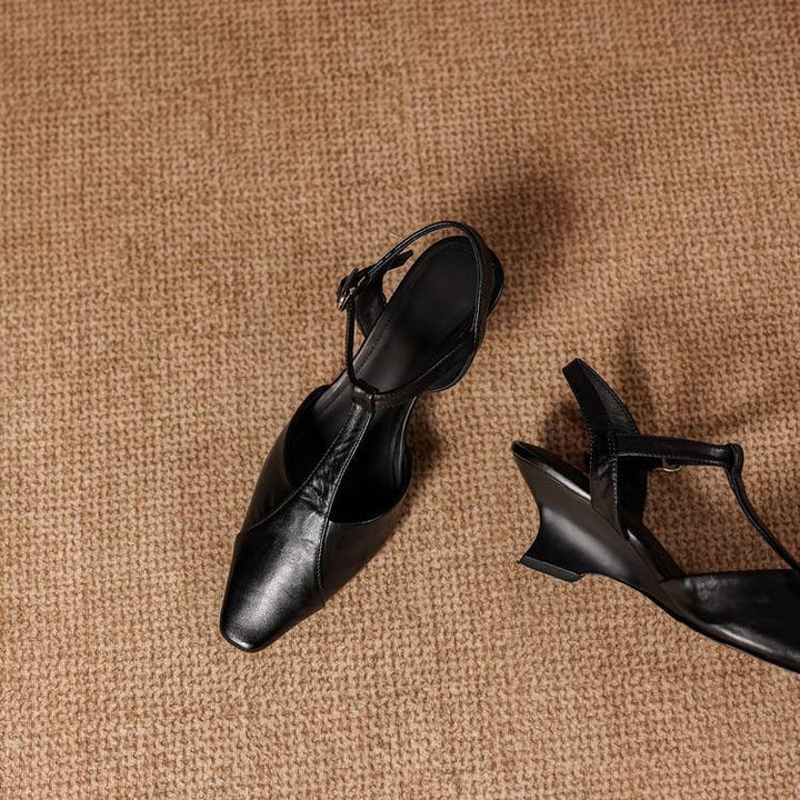 Elain Genuine Leather T-Strap Slingback Heels