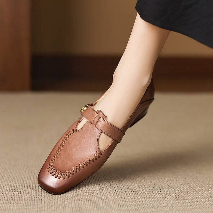 Krea Genuine Leather Whipstitch T-Strap Pumps