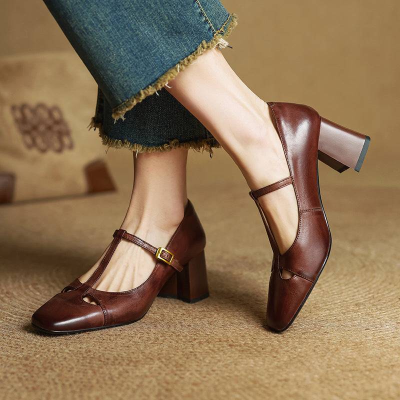 Yuna Genuine Leather T-Strap Mary-Jane Heels