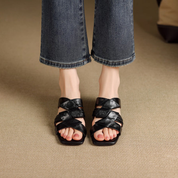 Solae Genuine Leather Square-Toe Slide Sandals