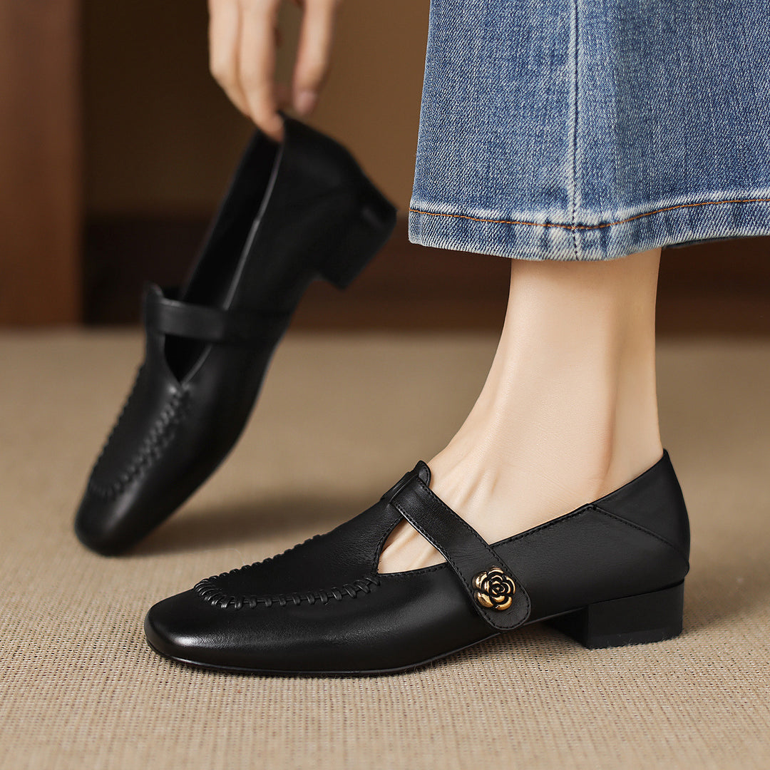 Krea Genuine Leather Whipstitch T-Strap Pumps