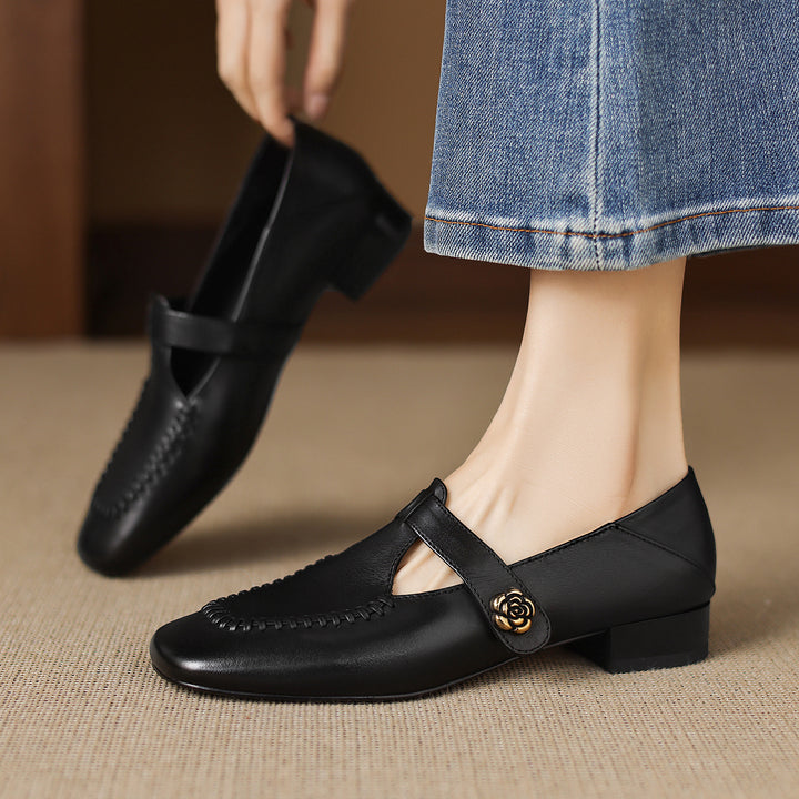 Krea Genuine Leather Whipstitch T-Strap Pumps
