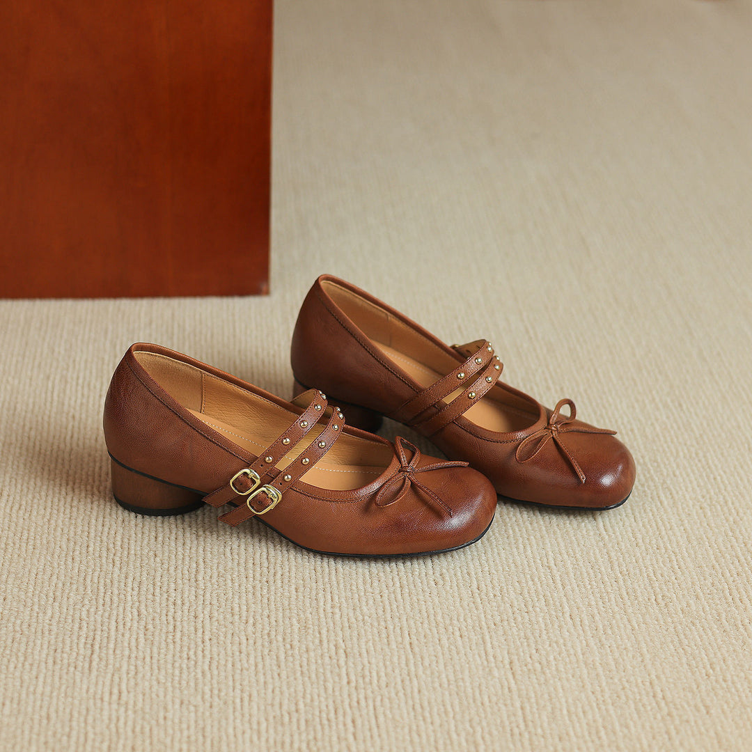 Alba Genuine Leather Studded Mary Jane Pumps