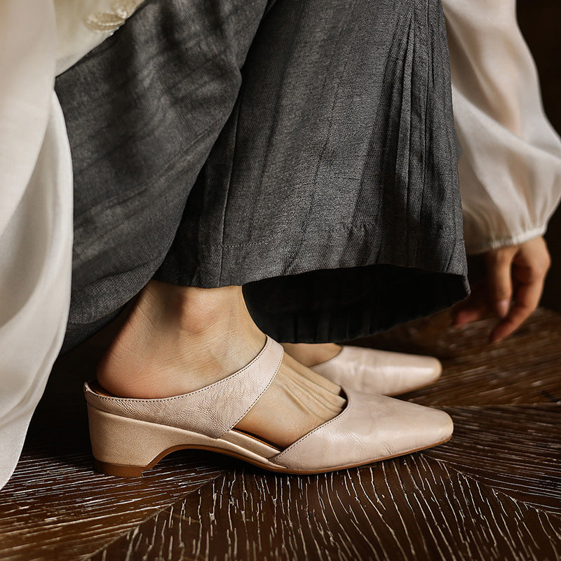 Cavie Genuine Leather Square-Toe Mules