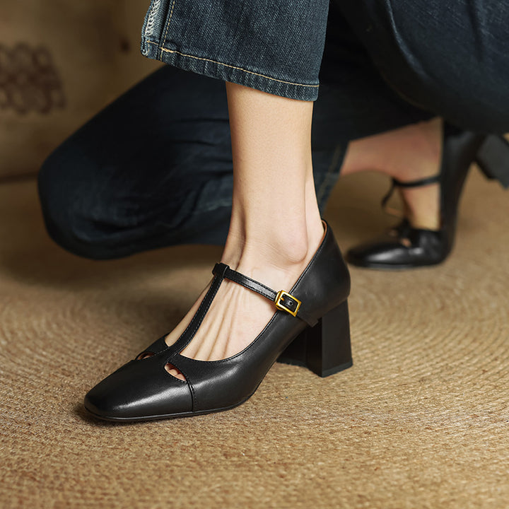 Yuna Genuine Leather T-Strap Mary-Jane Heels