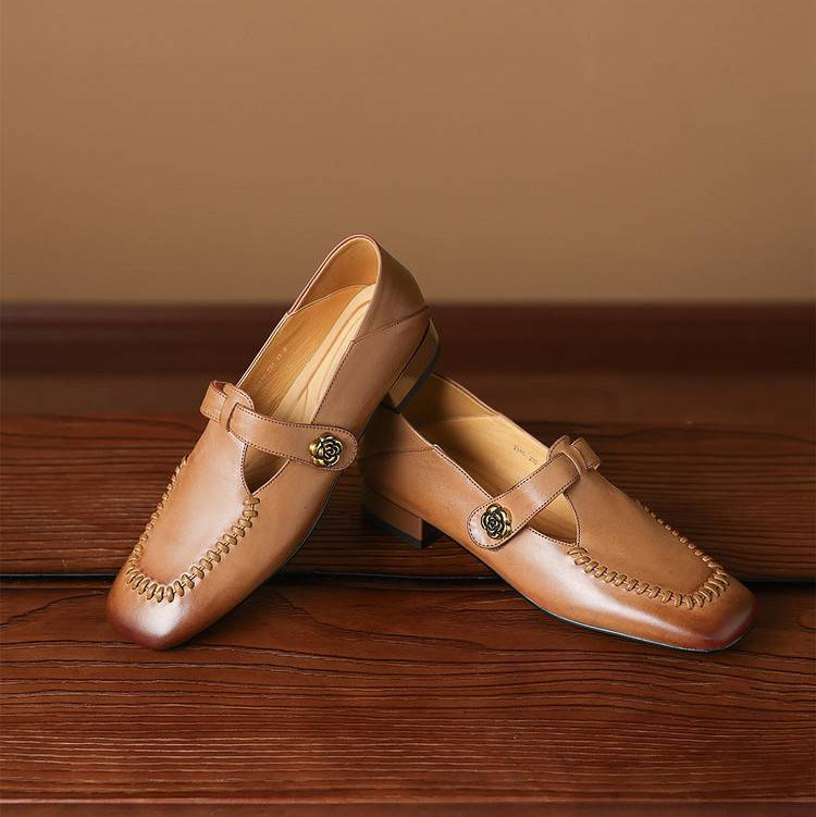 Krea Genuine Leather Whipstitch T-Strap Pumps