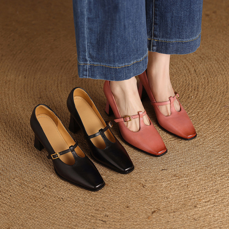 Elodie Genuine Leather T-Strap Heel Pumps