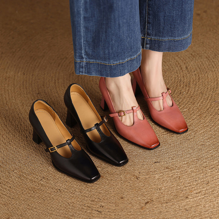 Elodie Genuine Leather T-Strap Heel Pumps