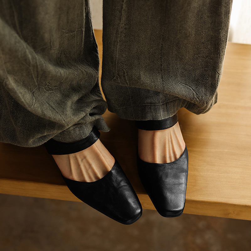 Cavie Genuine Leather Square-Toe Mules