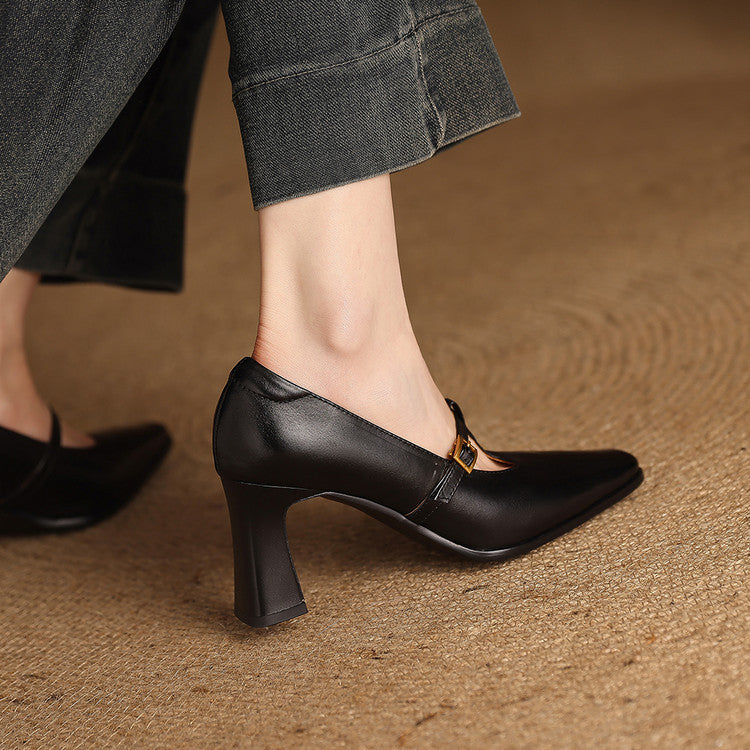 Elodie Genuine Leather T-Strap Heel Pumps