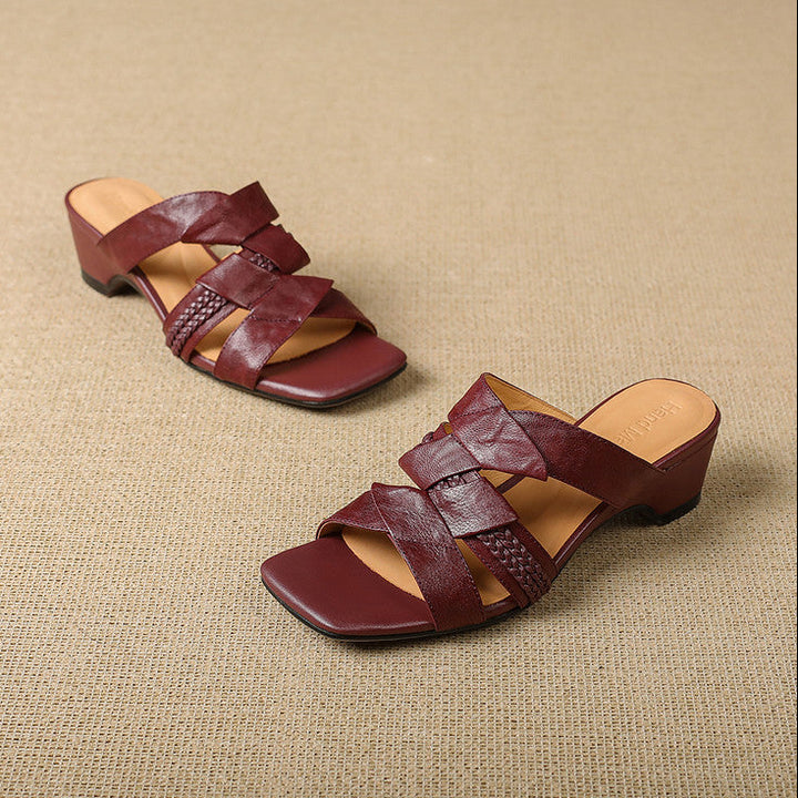 Solae Genuine Leather Square-Toe Slide Sandals