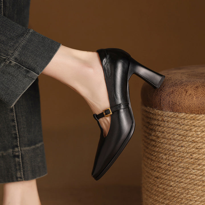 Elodie Genuine Leather T-Strap Heel Pumps