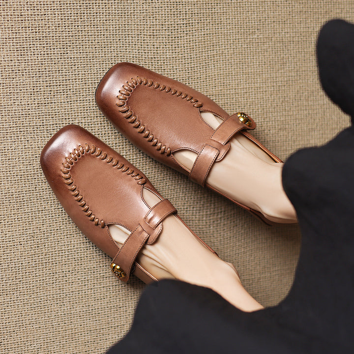 Krea Genuine Leather Whipstitch T-Strap Pumps