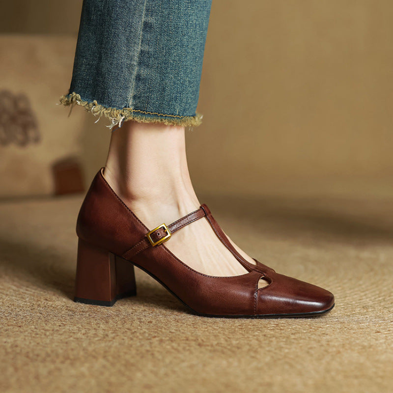 Yuna Genuine Leather T-Strap Mary-Jane Heels