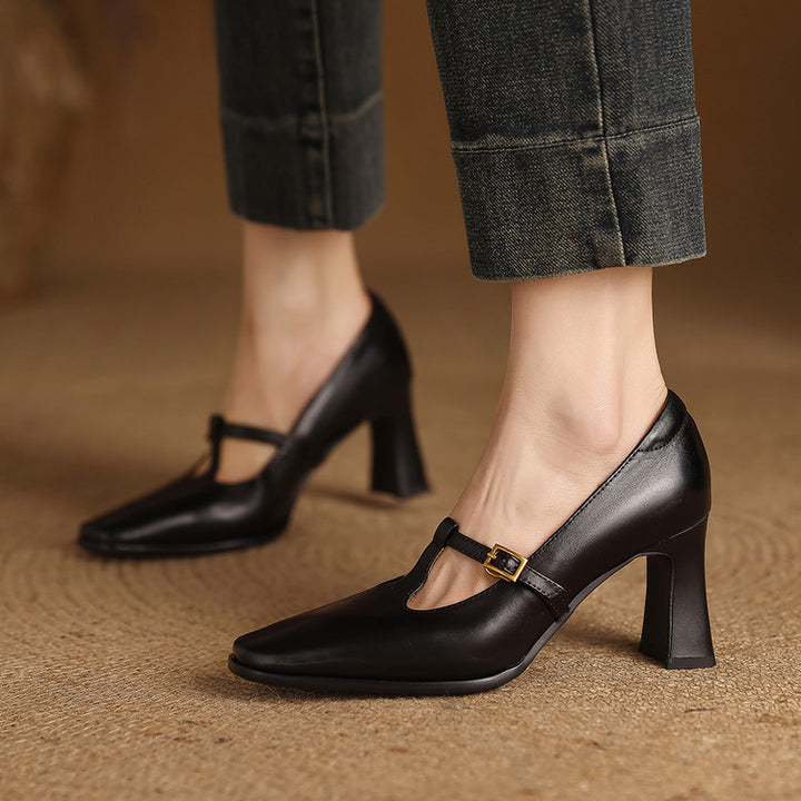 Elodie Genuine Leather T-Strap Heel Pumps