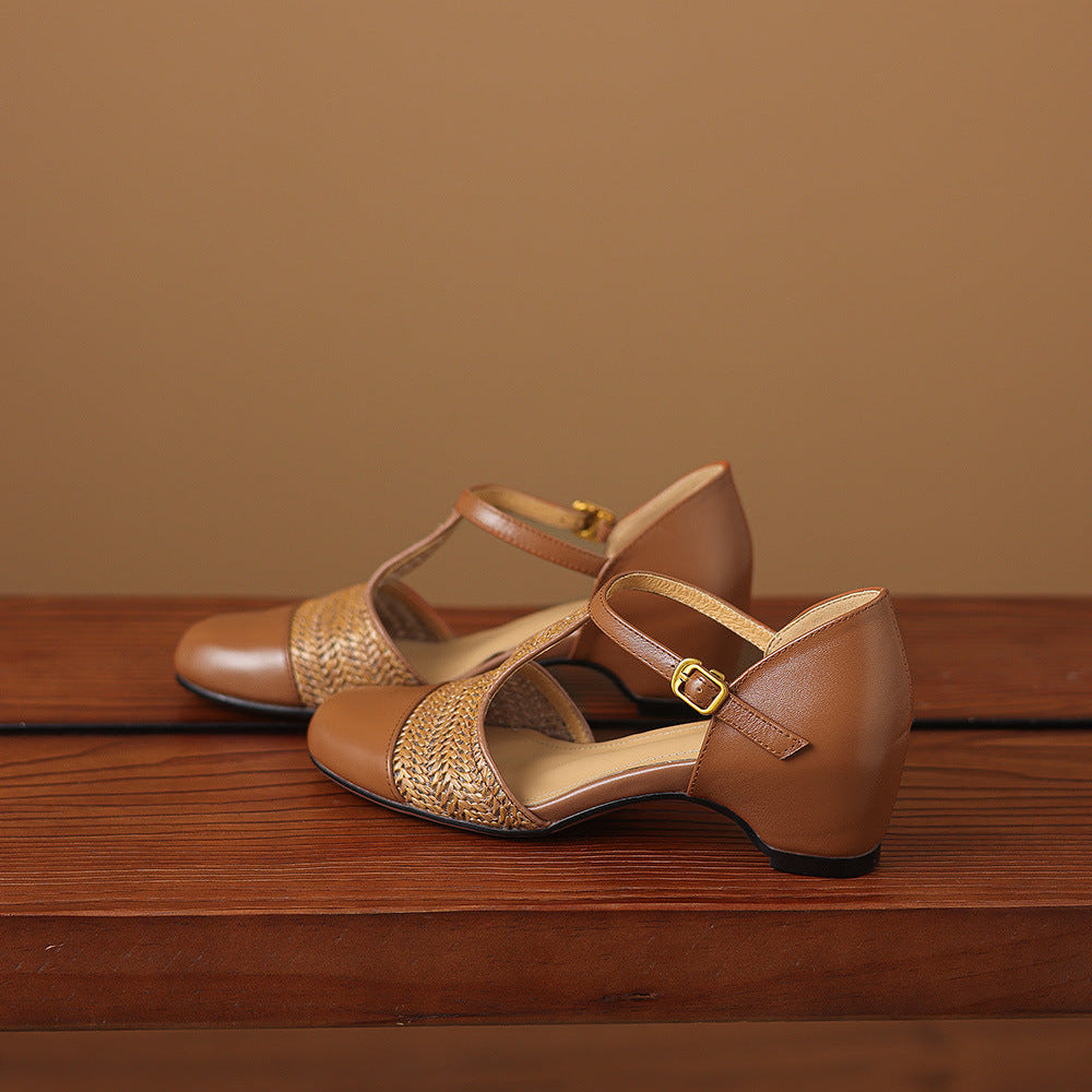 Julie Genuine Leather T-Strap Woven Heels