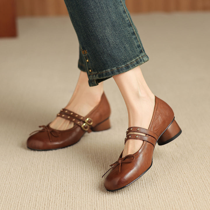 Alba Genuine Leather Studded Mary Jane Pumps