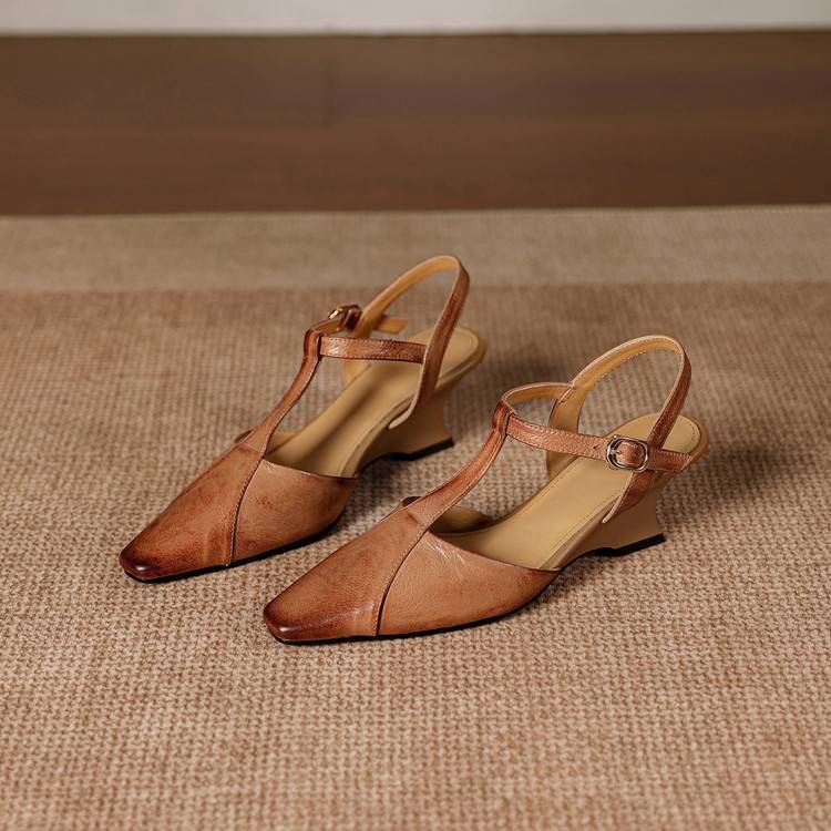 Elain Genuine Leather T-Strap Slingback Heels