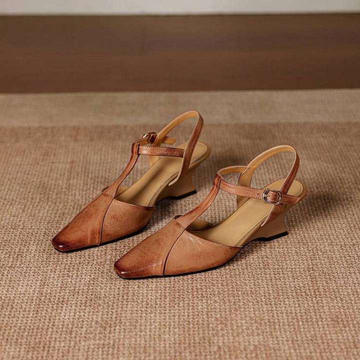 Elain Genuine Leather T-Strap Slingback Heels
