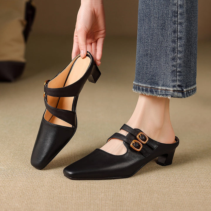 Adele Genuine Leather Dual-Strap Mules