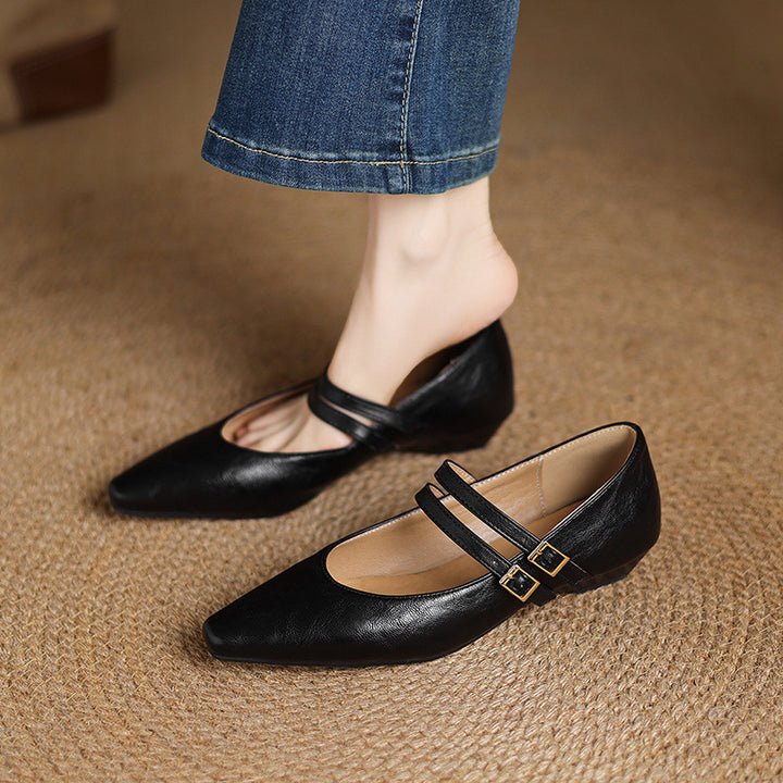 Noel Genuine Leather Dual-Strap Mary Jane Flats