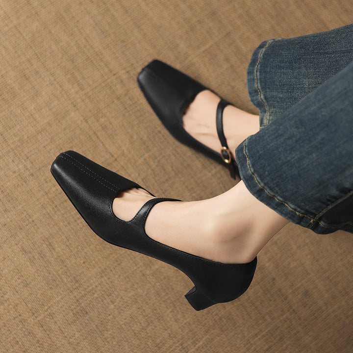 Celes Square Toe Leather Mary Jane Pumps