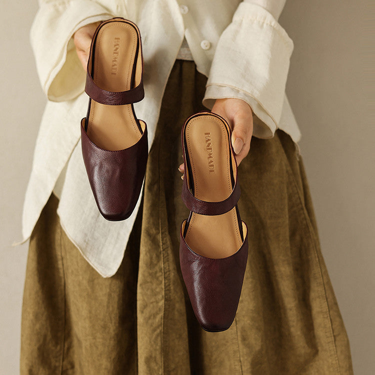 Cavie Genuine Leather Square-Toe Mules