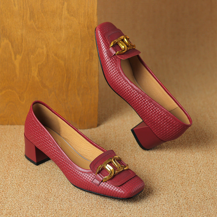 Soho Genuine Leather Block Heel Pumps