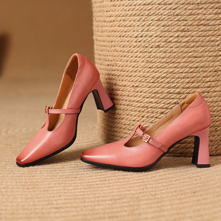 Elodie Genuine Leather T-Strap Heel Pumps