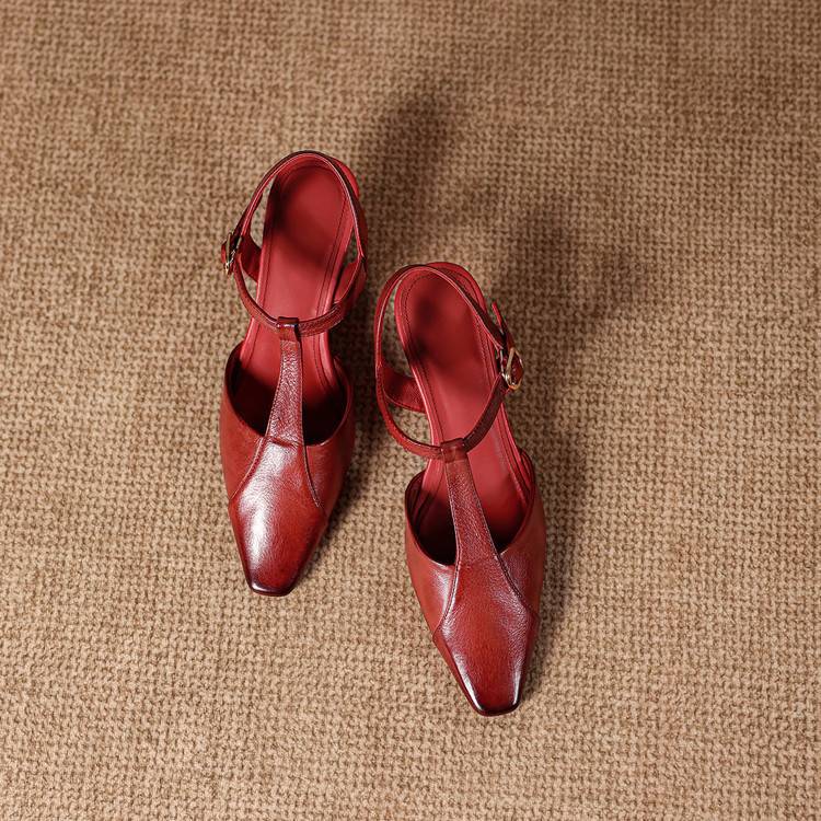 Elain Genuine Leather T-Strap Slingback Heels
